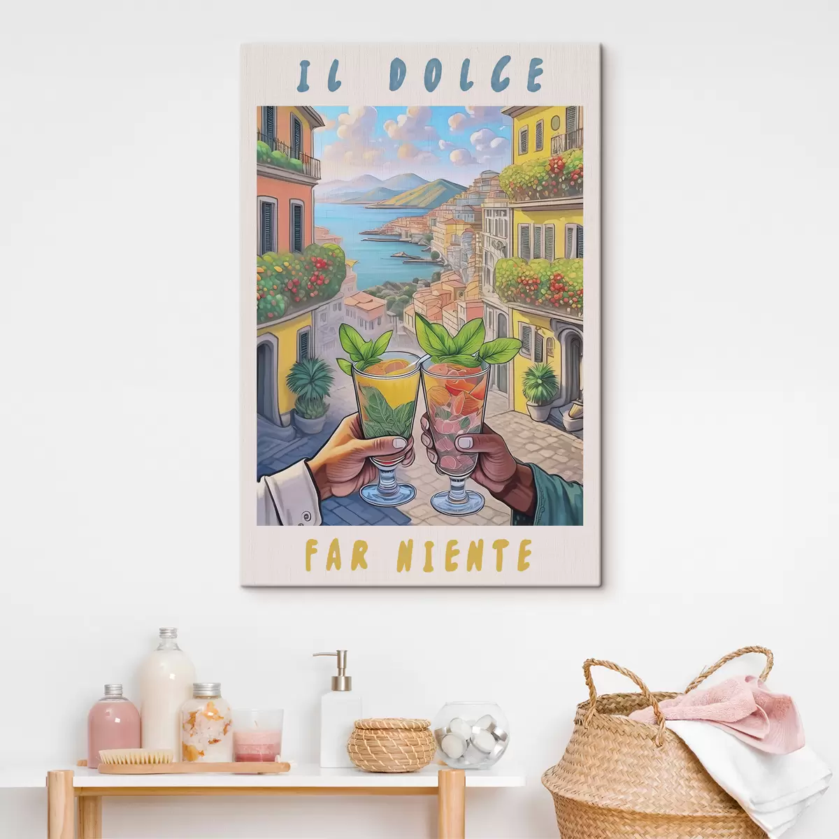 Wandbilder Italienische Stadt, Meeresküste, Cocktails, Berufung, Architektur, Sommer, Aquarell s38392