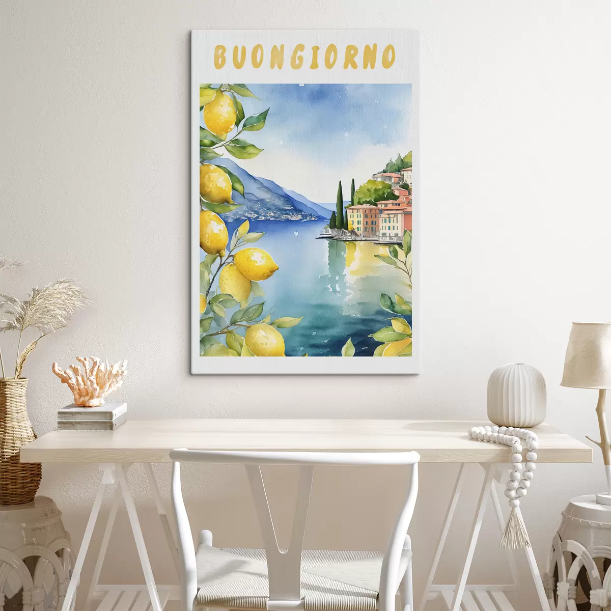 Wandbilder Italienischer See, Sommer, Aquarell, Naturlandschaft, Zitronen, Stadtarchitektur s38394