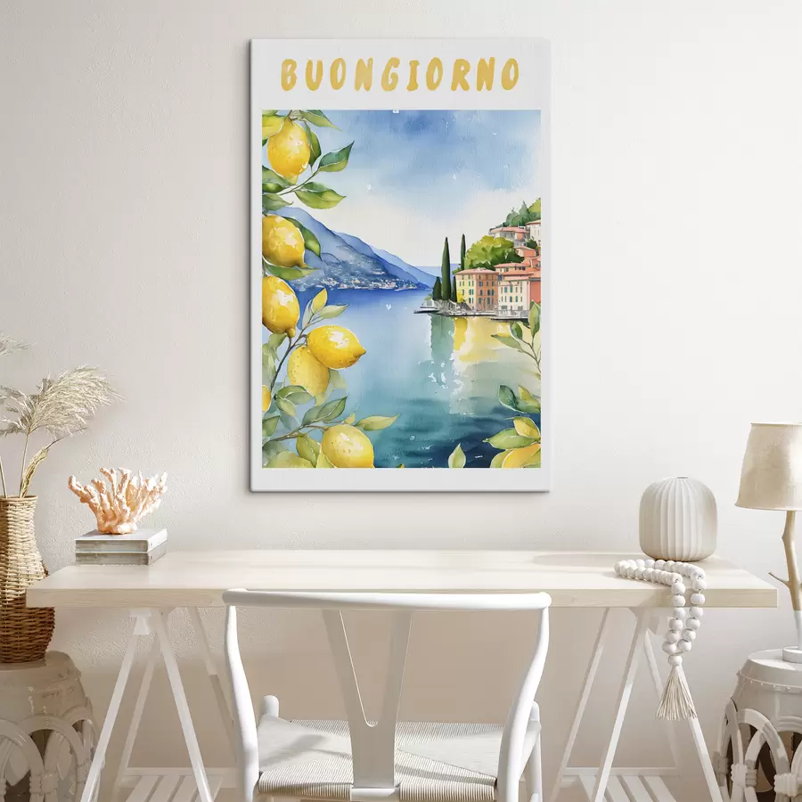 Wandbilder Italienischer See, Sommer, Aquarell, Naturlandschaft, Zitronen, Stadtarchitektur s38394