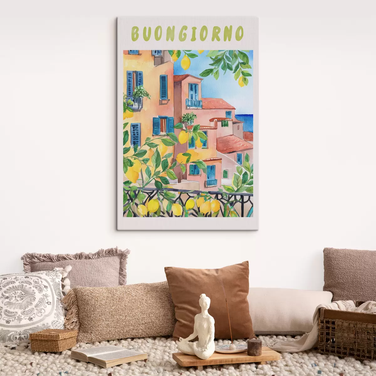 Wandbilder Italienische Stadtarchitektur, Meeresküste, Sommer, Aquarell, Zitronenbaum s38395