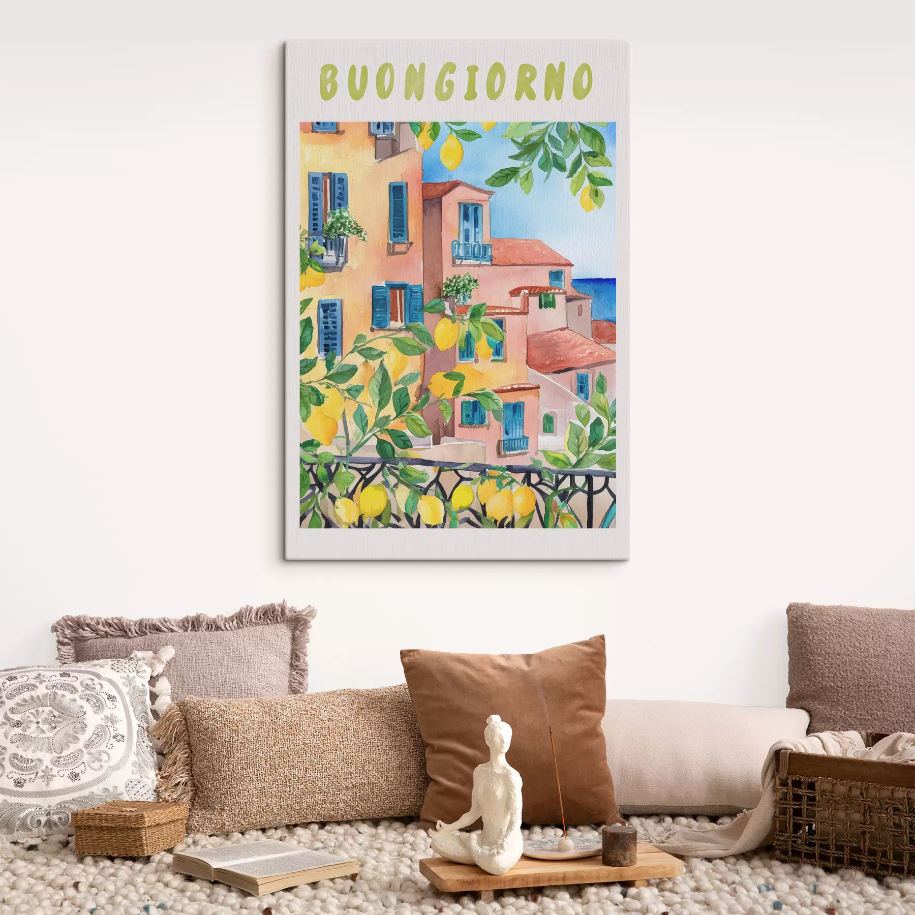 Fototapete Italienische Stadtarchitektur, Meeresküste, Sommer, Aquarell, Zitronenbaum s38395