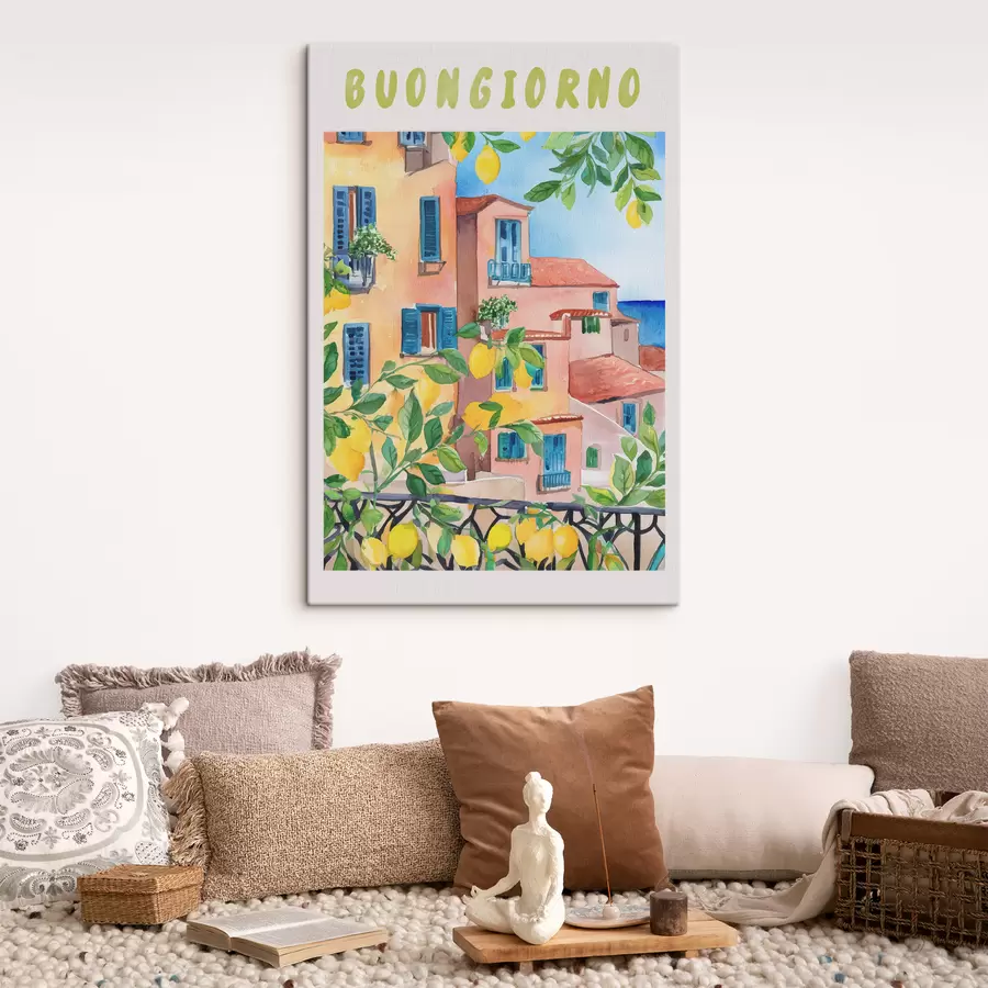 Wandbilder Italienische Stadtarchitektur, Meeresküste, Sommer, Aquarell, Zitronenbaum s38395