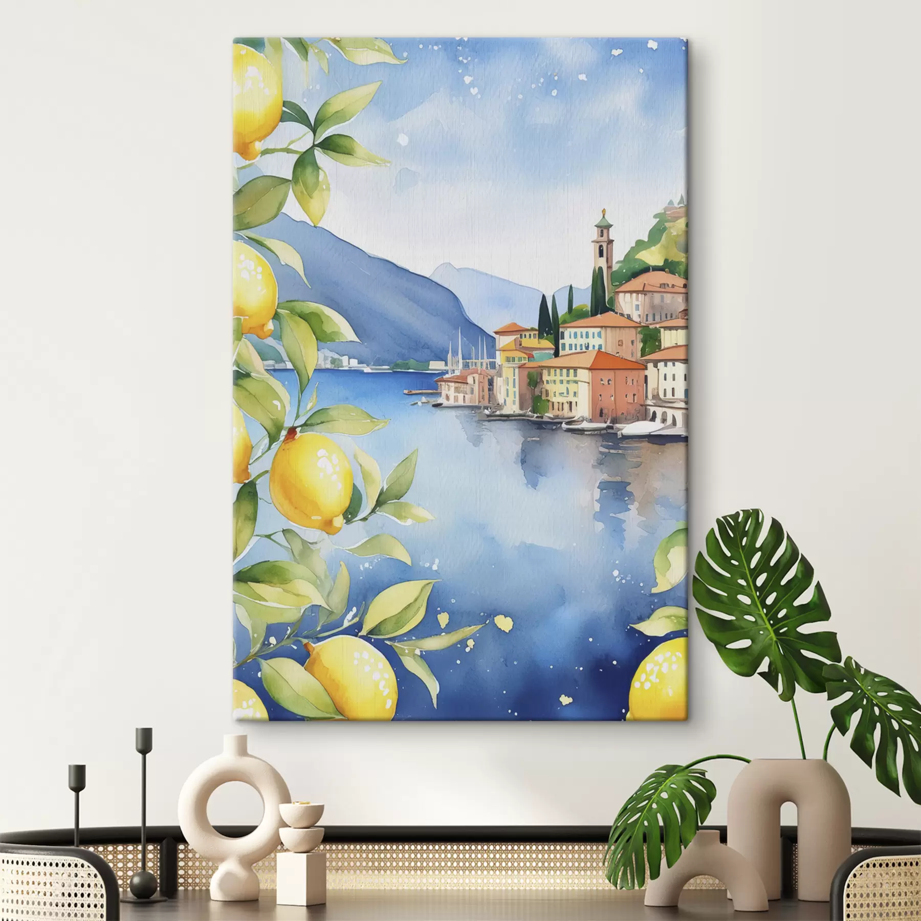 Fototapete Italienischer See, Sommer, Aquarell, Naturlandschaft, Zitronen, Stadtarchitektur s38397