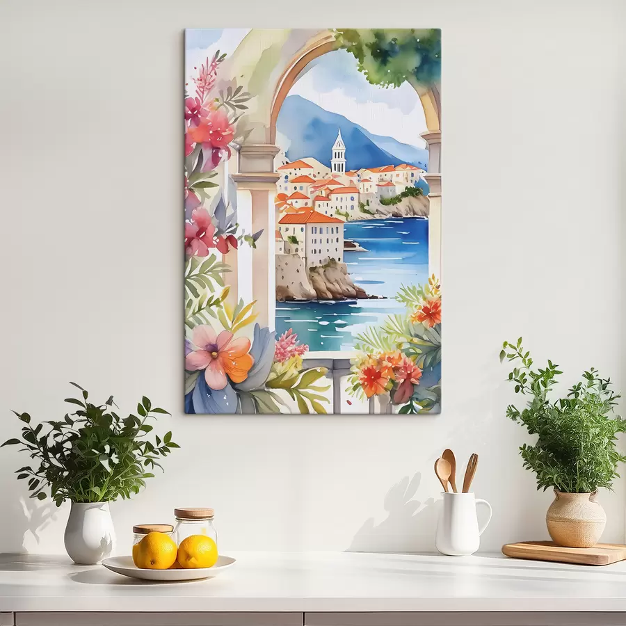 Wandbilder Mediterrane Architektur, Aquarell, Sommerblumen, blaues Meer, Berge s38408