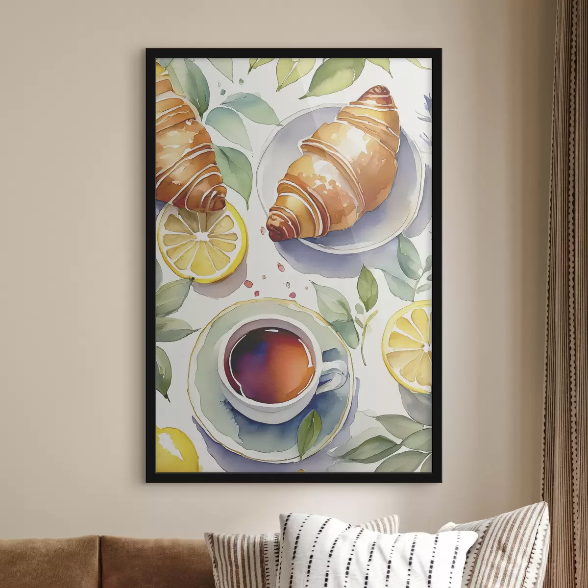 Poster Croissant Aquarell, Tasse Tee, Frühstück, Zitronen, rustikaler Stil f38389