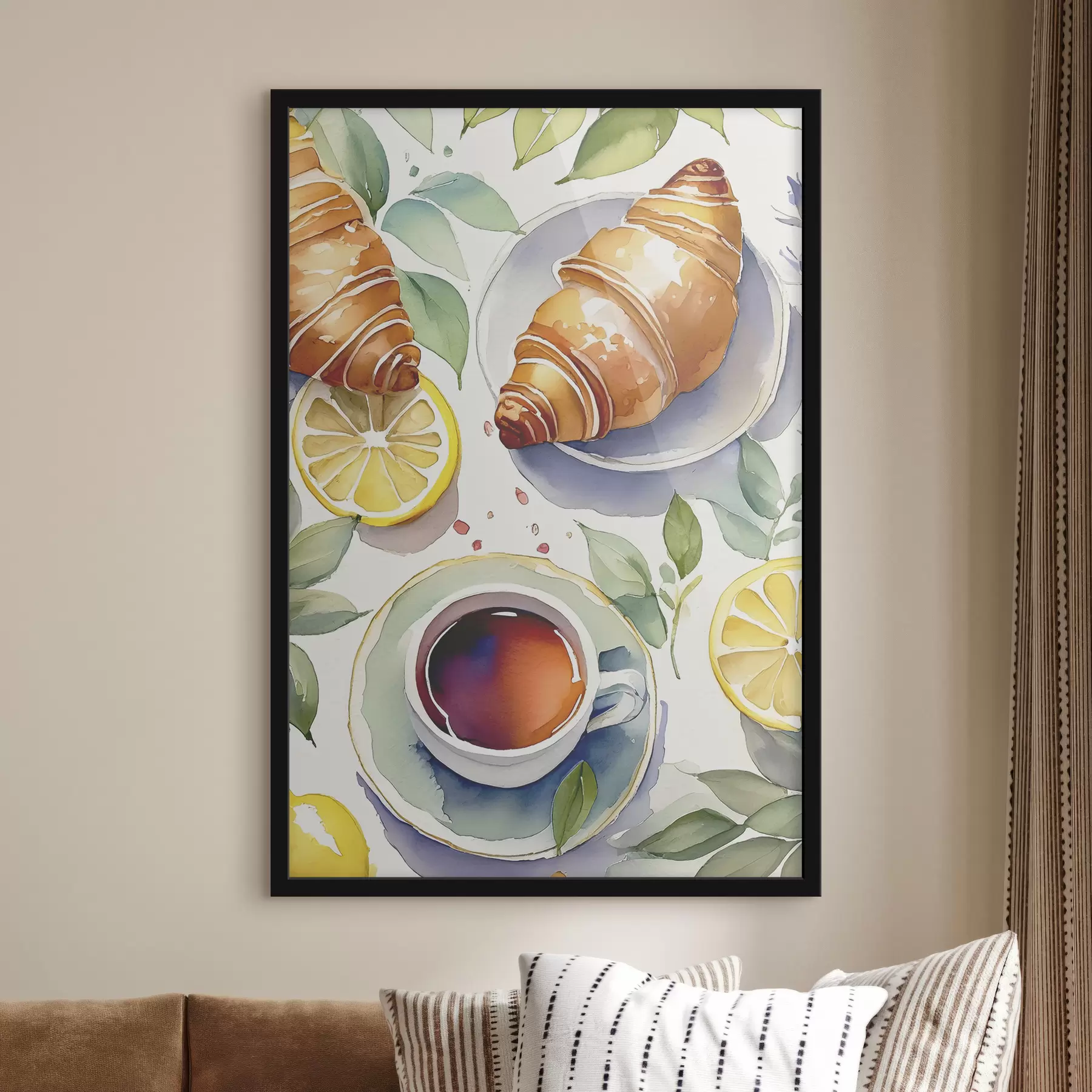 Fototapete Croissant Aquarell, Tasse Tee, Frühstück, Zitronen, rustikaler Stil f38389