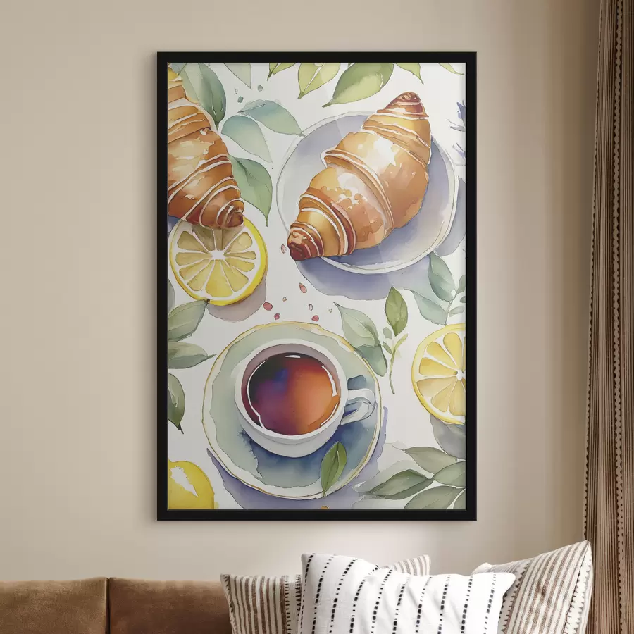 Fototapete Croissant Aquarell, Tasse Tee, Frühstück, Zitronen, rustikaler Stil f38389