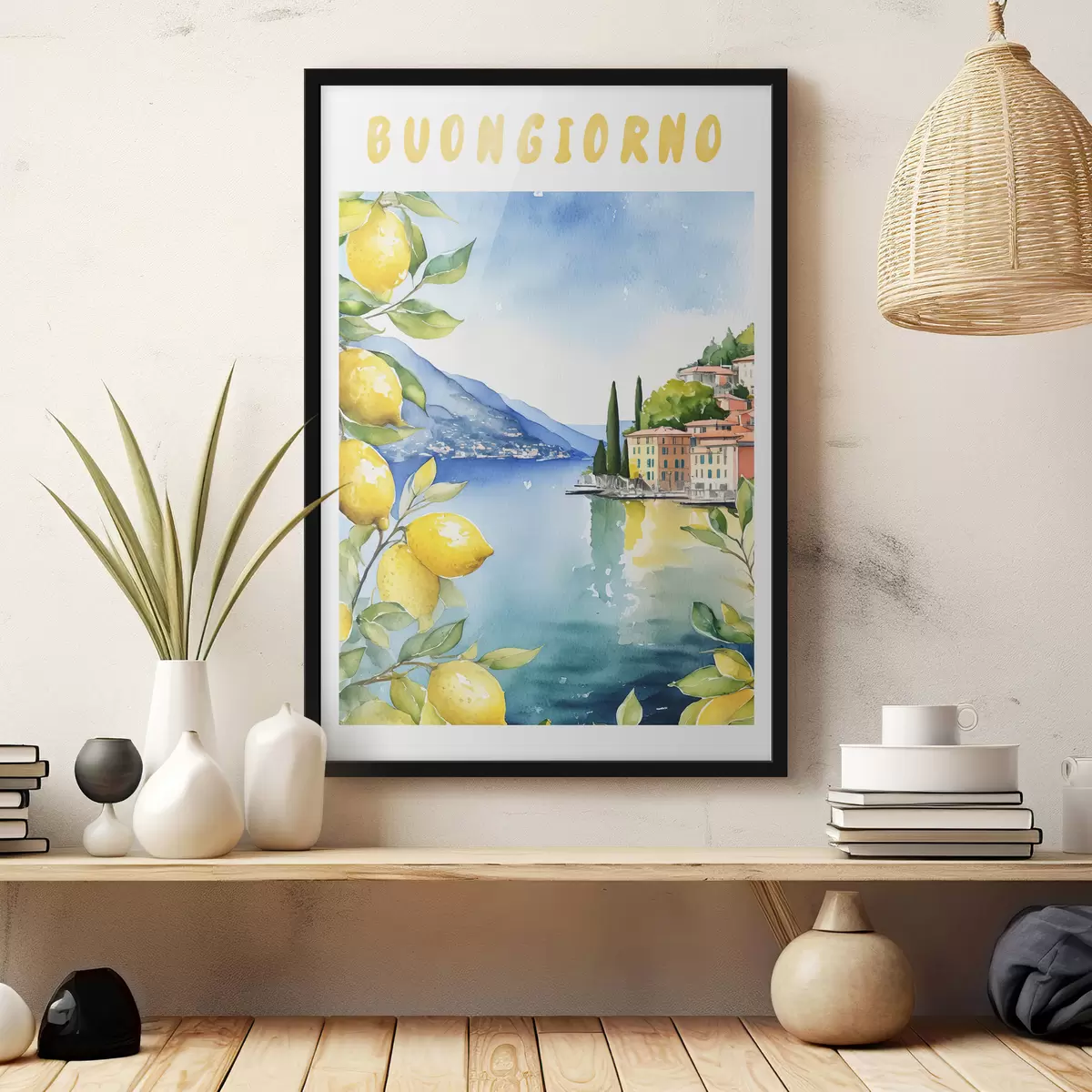 Poster Italienischer See, Sommer, Aquarell, Naturlandschaft, Zitronen, Stadtarchitektur f38394