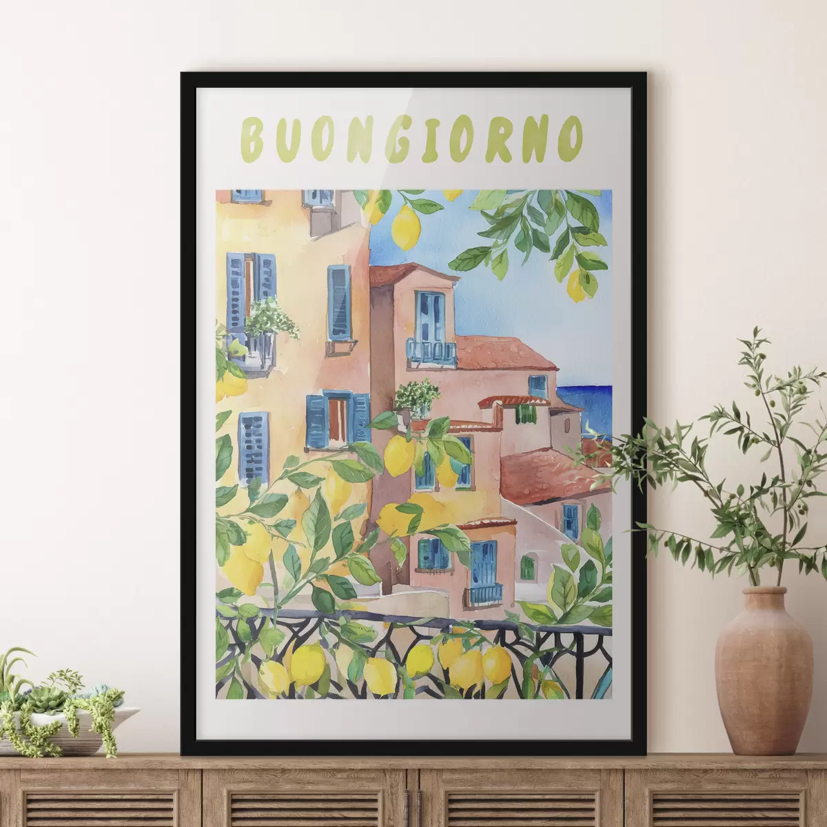 Poster Italienische Stadtarchitektur, Meeresküste, Sommer, Aquarell, Zitronenbaum f38395