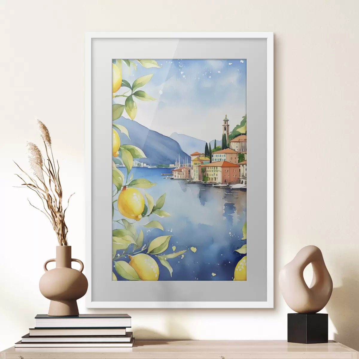 Poster Italienischer See, Sommer, Aquarell, Naturlandschaft, Zitronen, Stadtarchitektur f38397