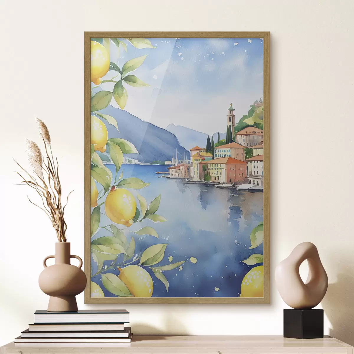 Poster Italienischer See, Sommer, Aquarell, Naturlandschaft, Zitronen, Stadtarchitektur f38397