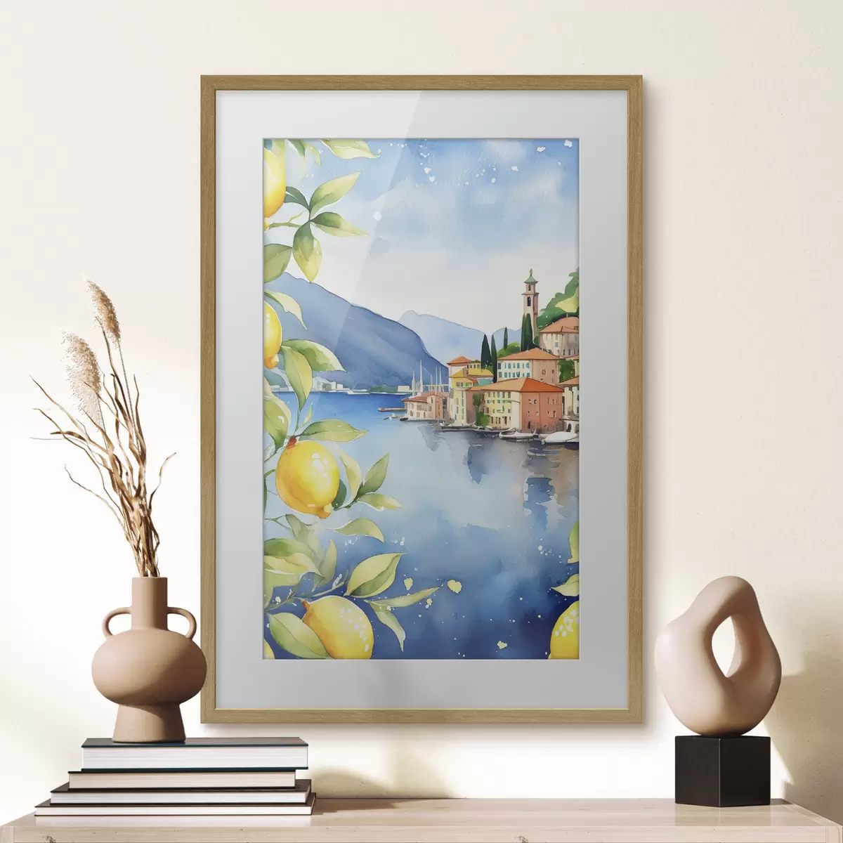 Poster Italienischer See, Sommer, Aquarell, Naturlandschaft, Zitronen, Stadtarchitektur f38397
