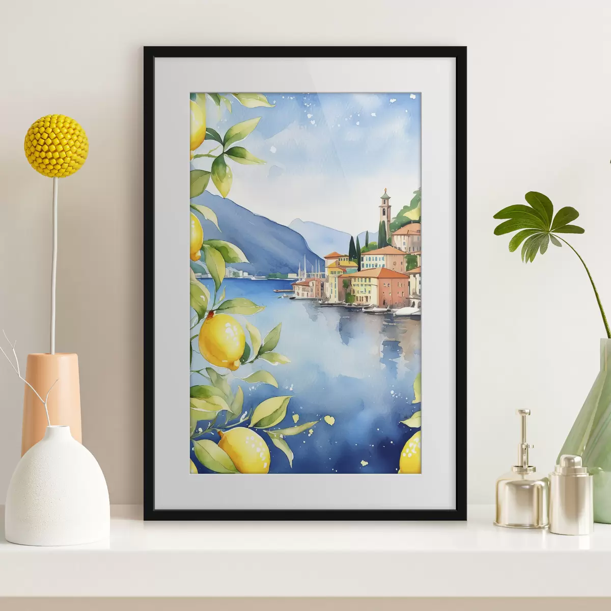 Poster Italienischer See, Sommer, Aquarell, Naturlandschaft, Zitronen, Stadtarchitektur f38397