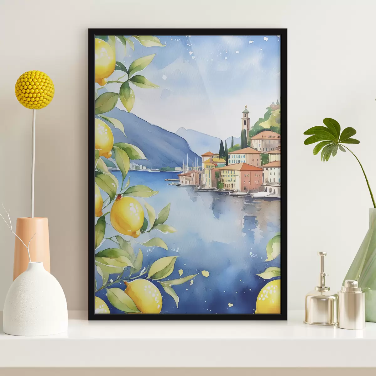 Poster Italienischer See, Sommer, Aquarell, Naturlandschaft, Zitronen, Stadtarchitektur f38397