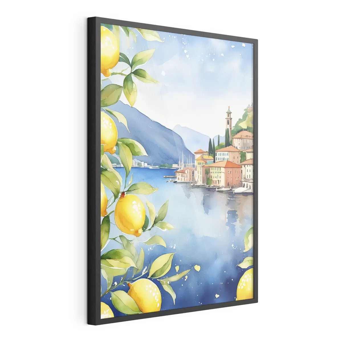 Poster Italienischer See, Sommer, Aquarell, Naturlandschaft, Zitronen, Stadtarchitektur f38397