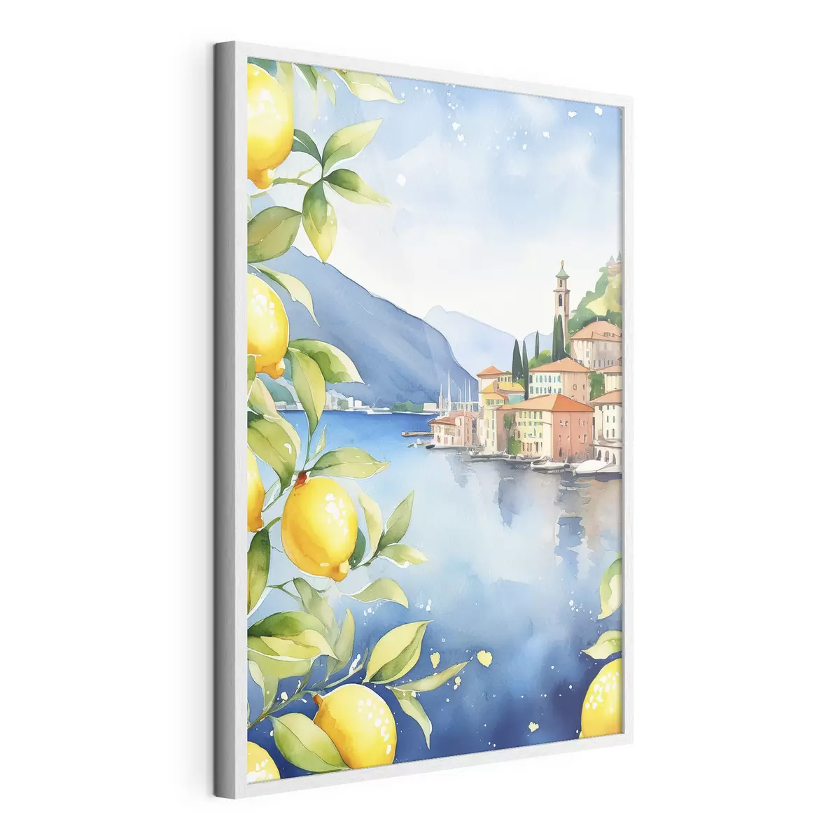 Poster Italienischer See, Sommer, Aquarell, Naturlandschaft, Zitronen, Stadtarchitektur f38397
