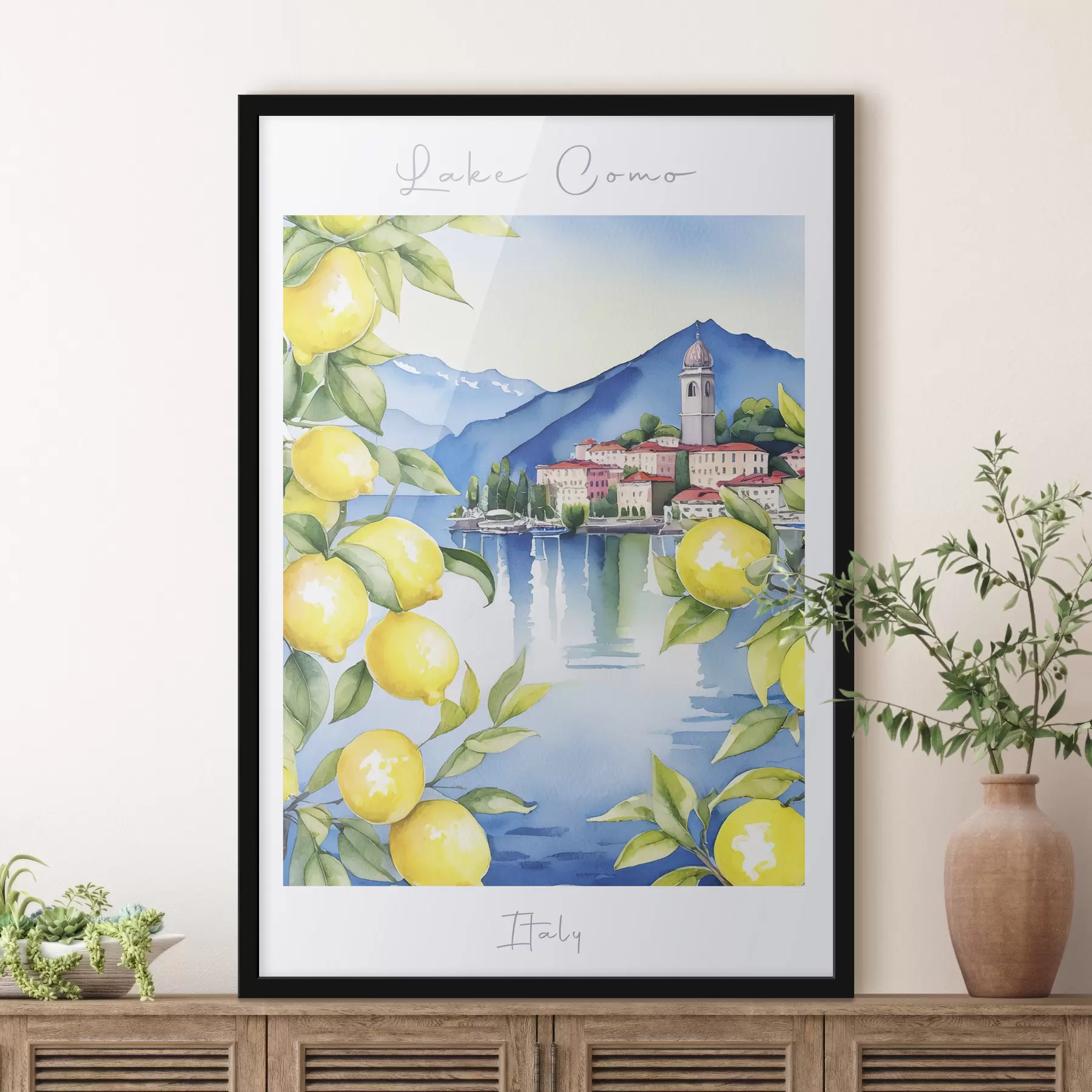 Wandbilder Comer See, Aquarell, Italien, Sommer, Berge, Zitronenbaum, Meer, Altstadt f38398