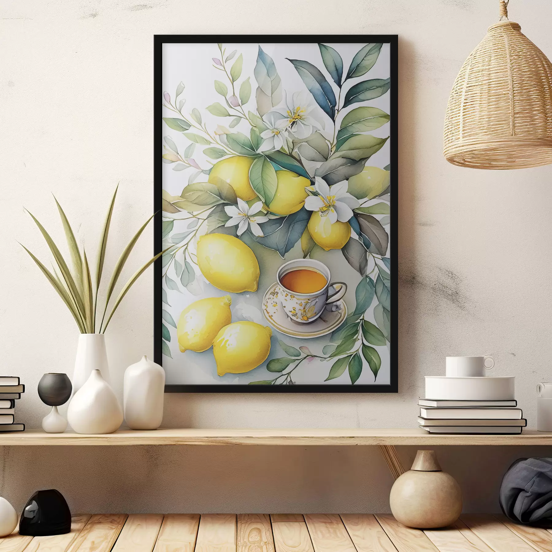 Fototapete Zitronen und Blumen, Aquarell, Frühstück, Tasse Tee, Bohème-Stil f38403