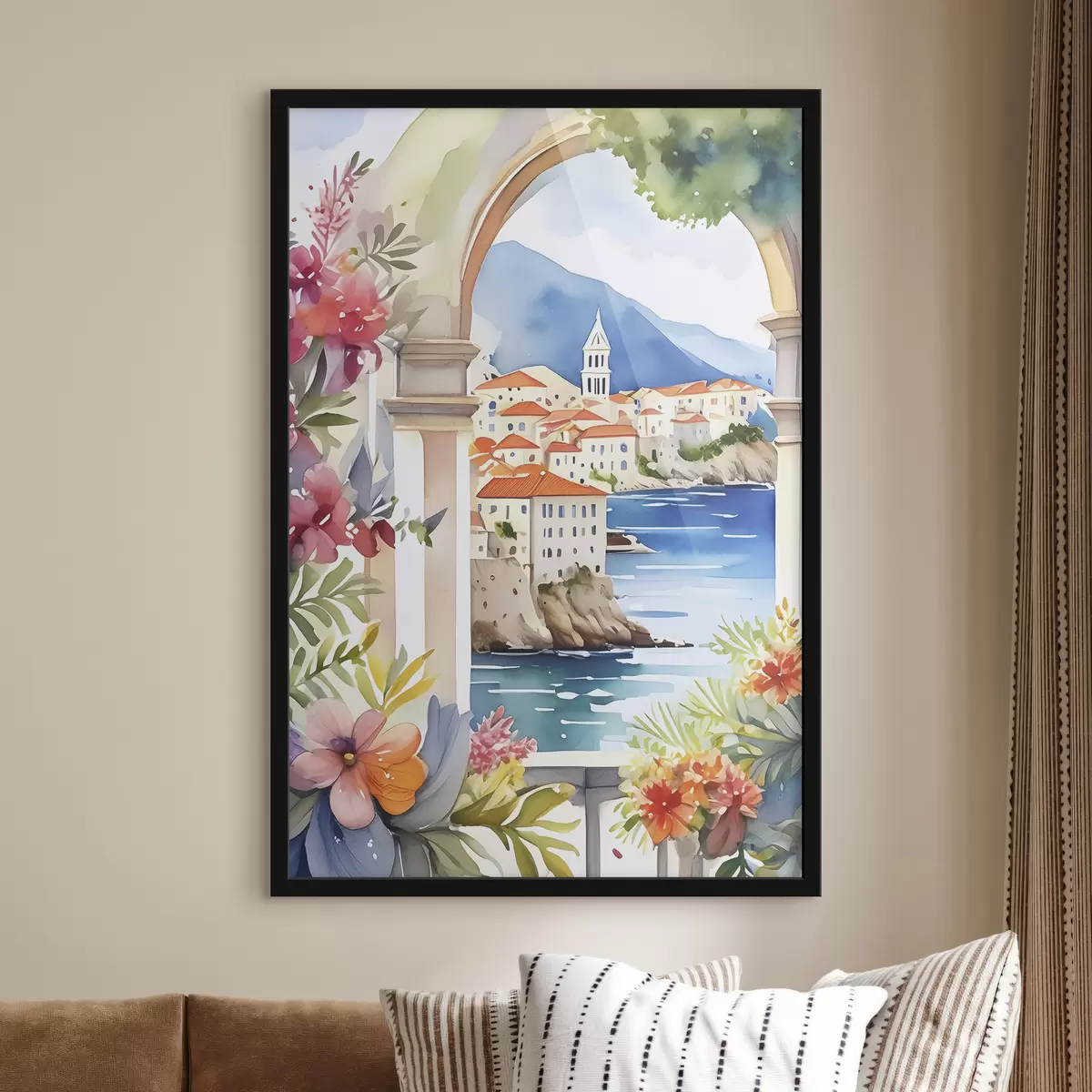 Poster Mediterrane Architektur, Aquarell, Sommerblumen, blaues Meer, Berge f38408