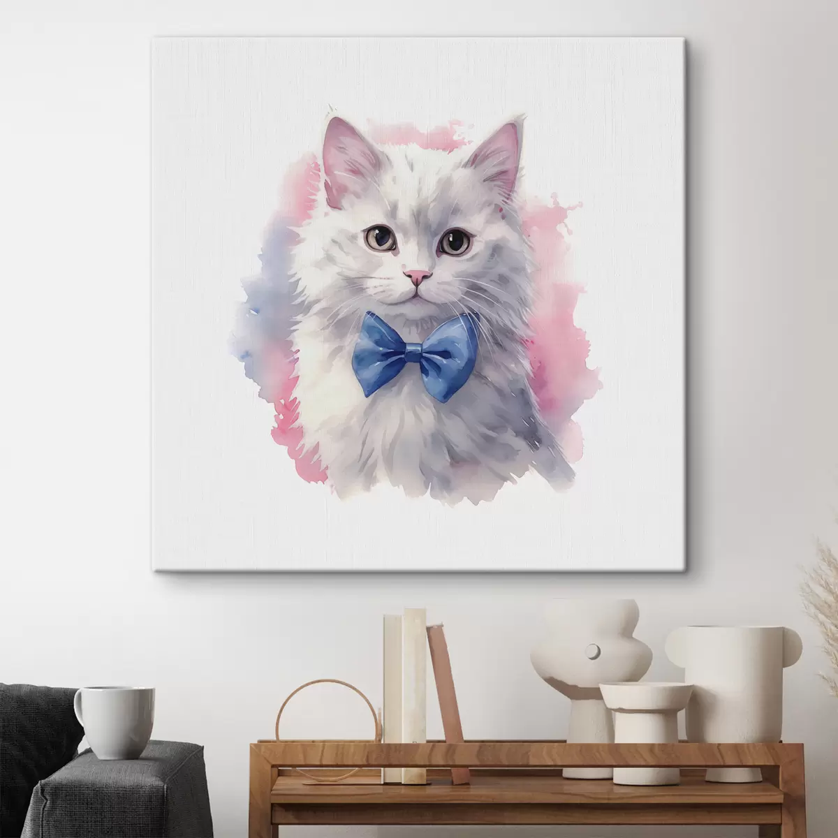 Wandbilder Weiße flauschige Katze mit einer blauen Schleife am Hals, Aquarell, Tier, grau, weiß, rosa, blaue Farbe s38479