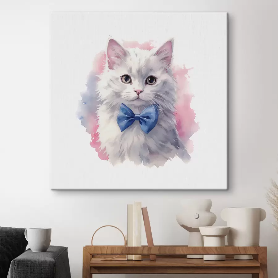 Wandbilder Weiße flauschige Katze mit einer blauen Schleife am Hals, Aquarell, Tier, grau, weiß, rosa, blaue Farbe s38479