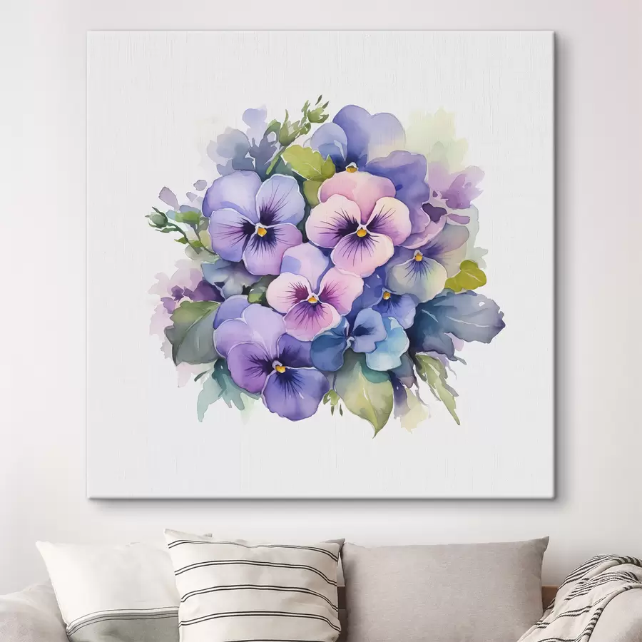 Wandbilder Veilchen Aquarell Illustration, Blumenstrauß, Blumen, blau, lila, grün s38486