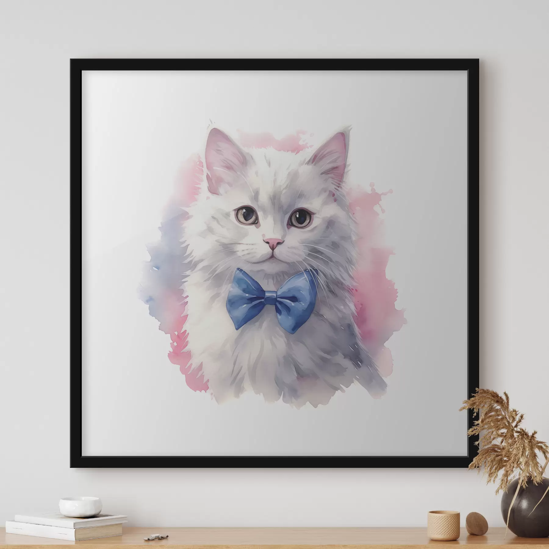 Wandbilder Weiße flauschige Katze mit einer blauen Schleife auf dem Hals, Aquarell, Tier, grau, weiß, rosa, blaue Farbe f38479