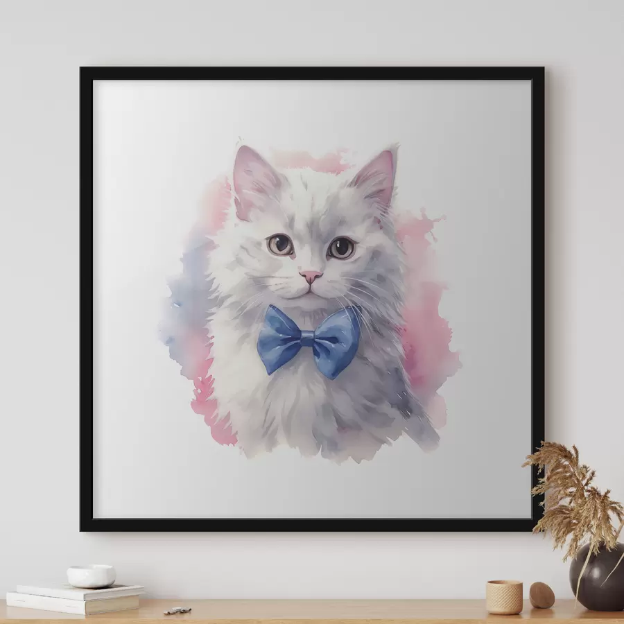 Fototapete Weiße flauschige Katze mit einer blauen Schleife auf dem Hals, Aquarell, Tier, grau, weiß, rosa, blaue Farbe f38479