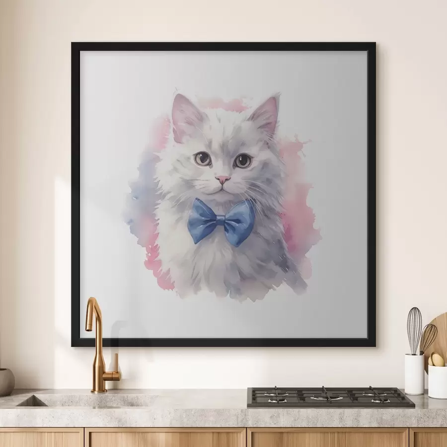 Fototapete Weiße flauschige Katze mit einer blauen Schleife auf dem Hals, Aquarell, Tier, grau, weiß, rosa, blaue Farbe f38479