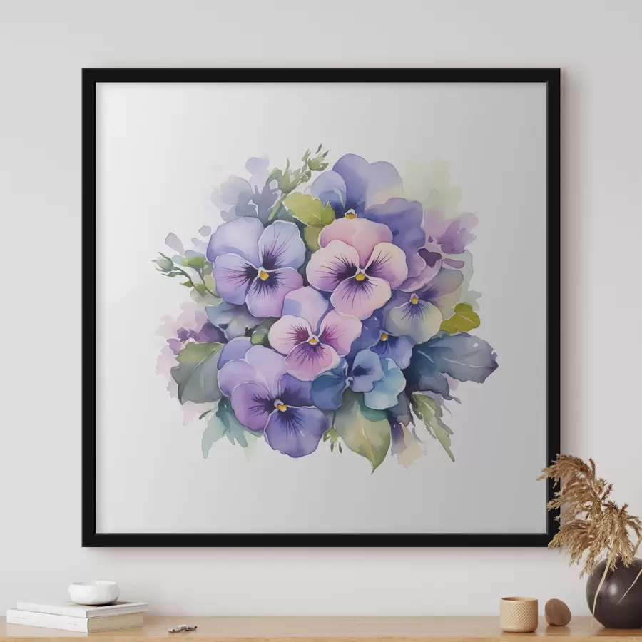 Fototapete Veilchen Aquarell Illustration, Blumenstrauß, Blumen, blau, lila, grün f38486