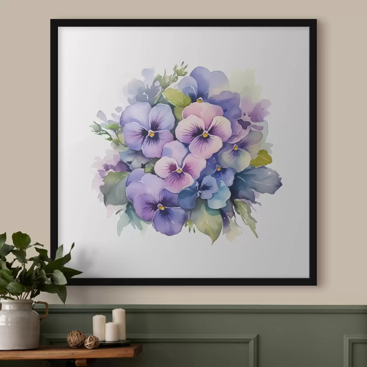 Poster Veilchen Aquarell Illustration, Blumenstrauß, Blumen, blau, lila, grün f38486