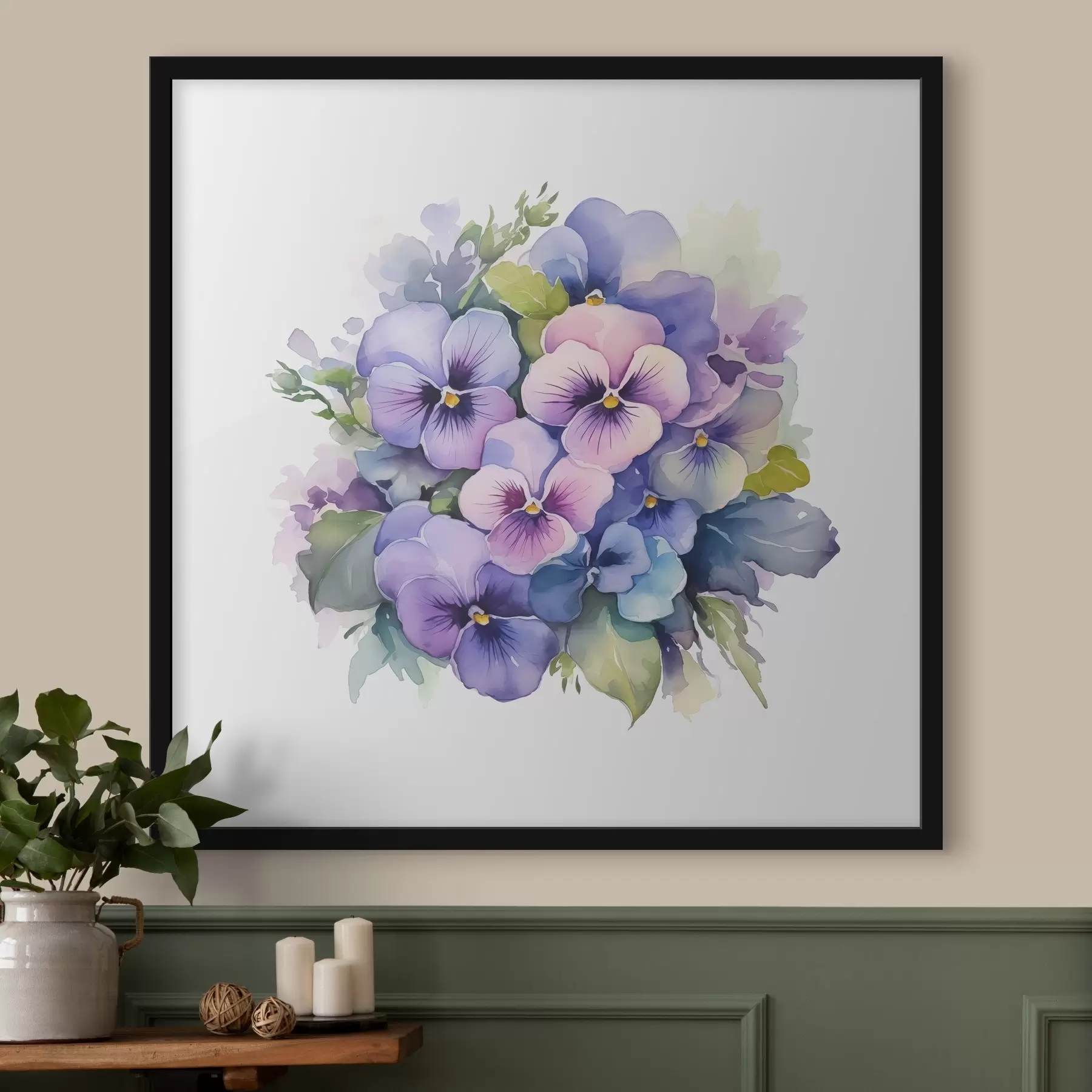 Wandbilder Veilchen Aquarell Illustration, Blumenstrauß, Blumen, blau, lila, grün f38486