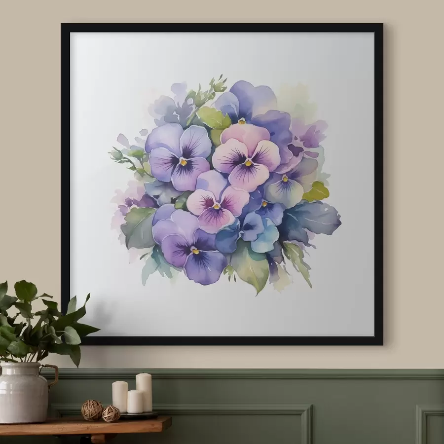 Fototapete Veilchen Aquarell Illustration, Blumenstrauß, Blumen, blau, lila, grün f38486