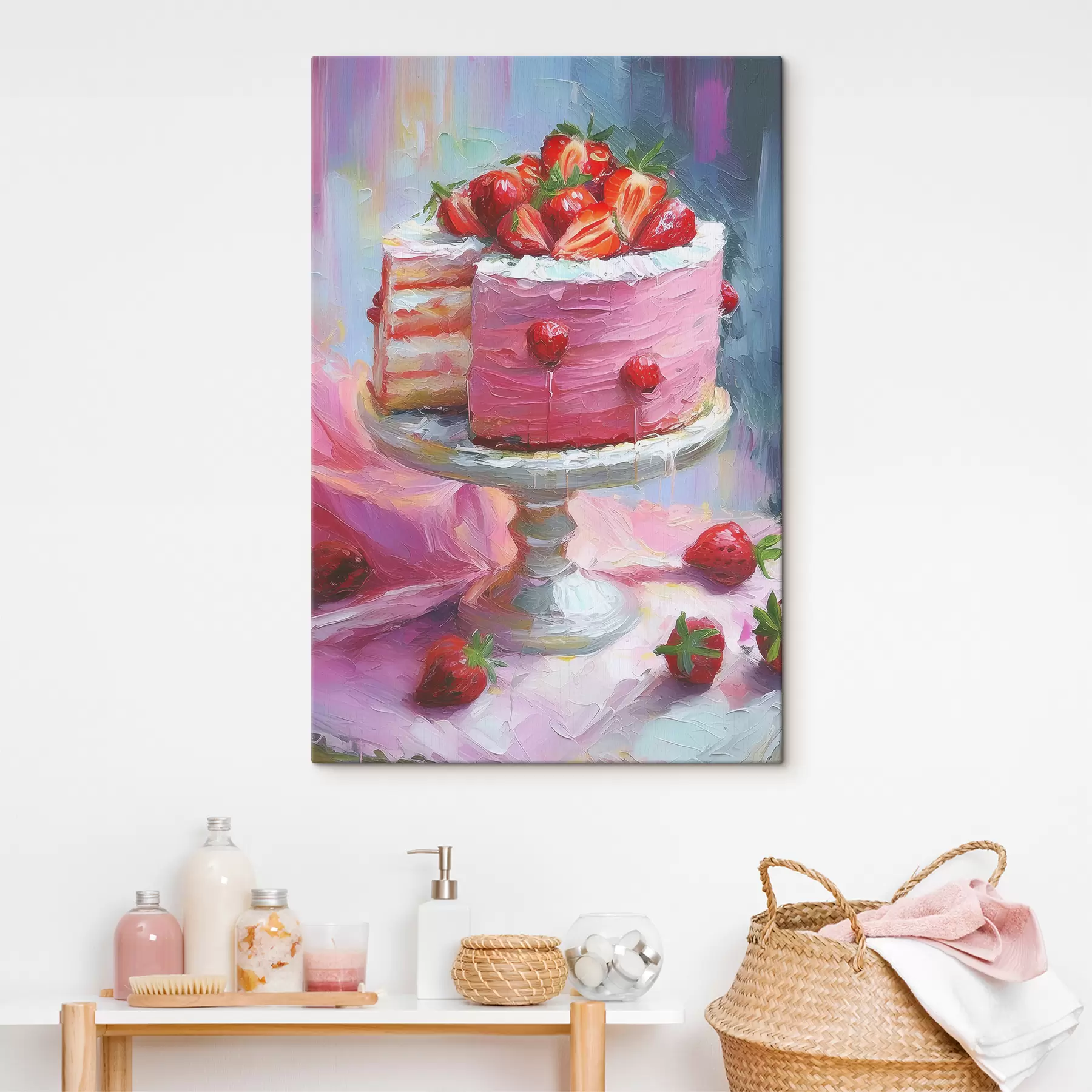Wandbilder Erdbeerkuchen mit Sahne, Ölfarbe, große Pinselstriche, Sommerbeeren, rosa Farben s38499