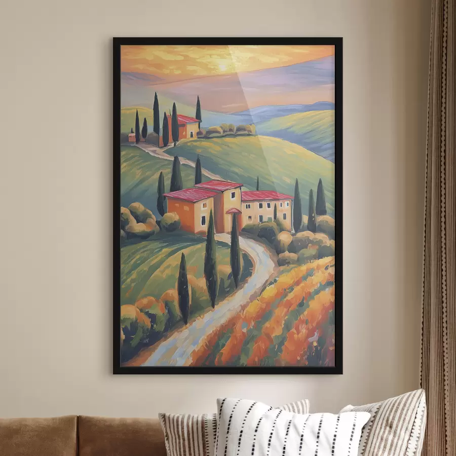 Fototapete Toskana Landschaften, Italien, Acrylkunst, alte Häuser, Felder, Sommer f38488