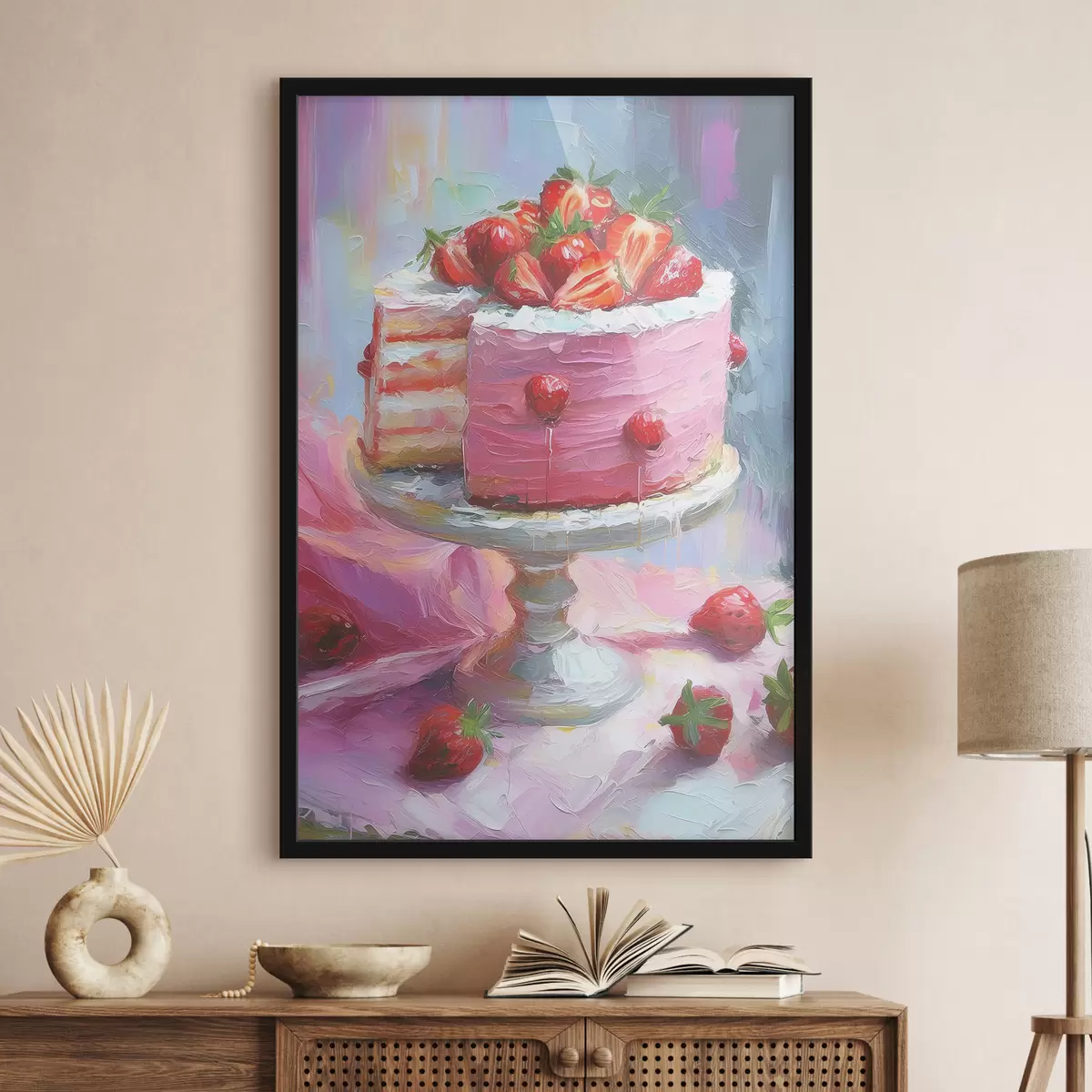 Poster Erdbeerkuchen mit Sahne, Ölfarbe, große Pinselstriche, Sommerbeeren, rosa Farben f38499