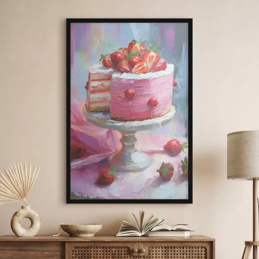 Fototapete Erdbeerkuchen mit Sahne, Ölfarbe, große Pinselstriche, Sommerbeeren, rosa Farben f38499