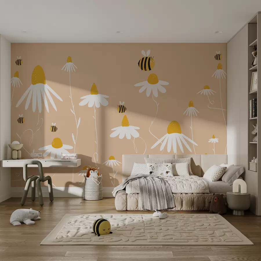 Fototapete Gänseblümchen und Bienen, Feld, Blumen, Blüte, Insekten, rosa, gelb und weiß w00653