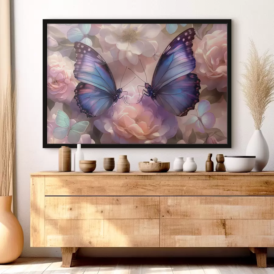 Fototapete Zwei Schmetterlinge in Blumen im Aquarellstil f38534