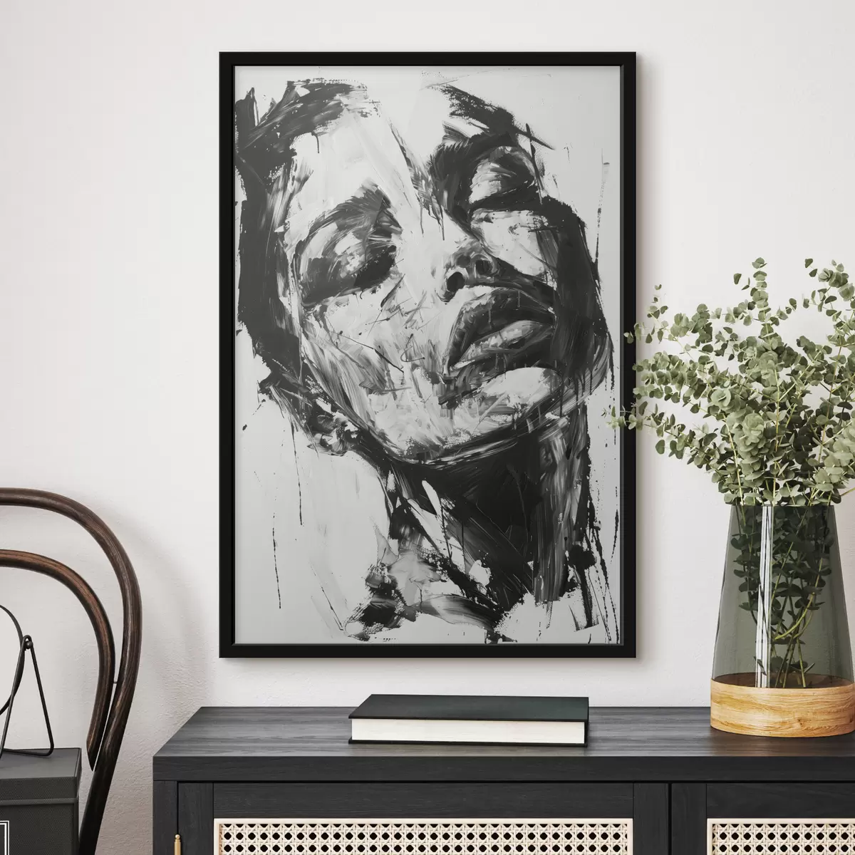 Poster Porträt einer Frau mit schwarzen Pinselstrichen f38641