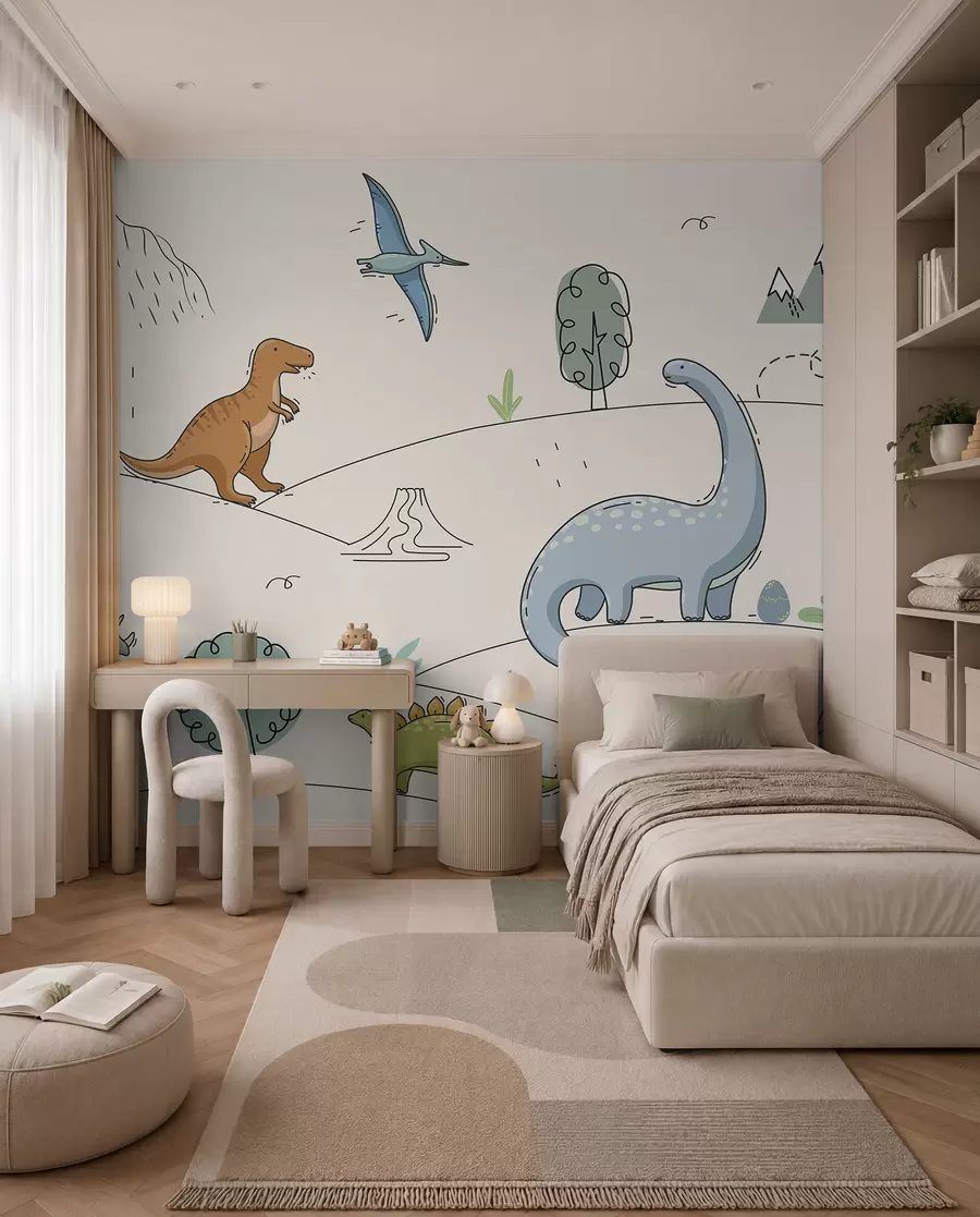 Fototapete Bunte Dinosaurier auf den Hügeln w00637