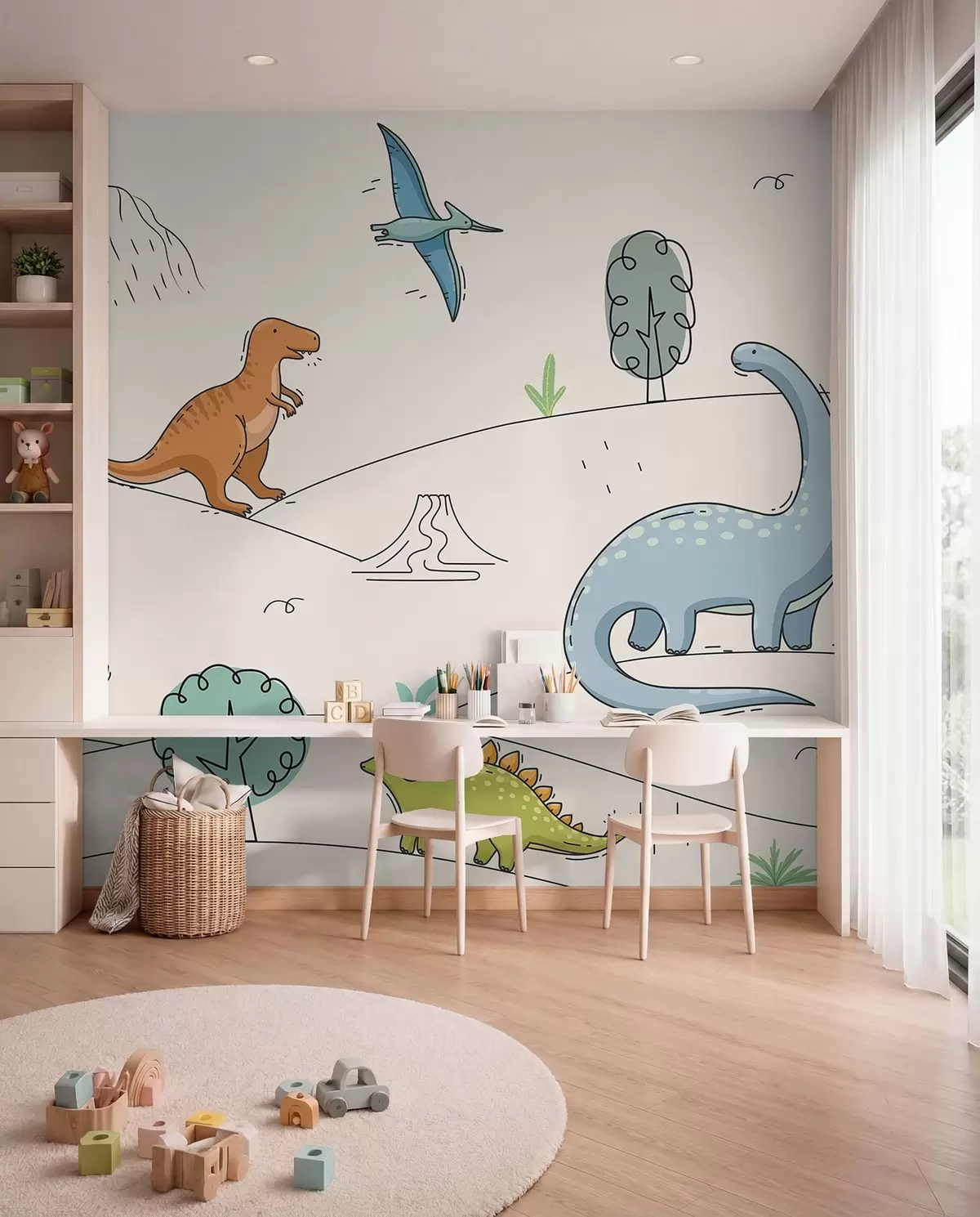 Fototapete Bunte Dinosaurier auf den Hügeln w00637