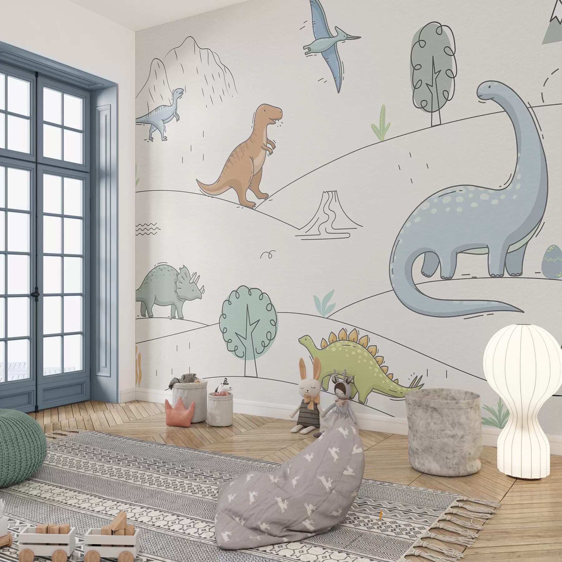 Fototapete Bunte Dinosaurier auf den Hügeln w00637