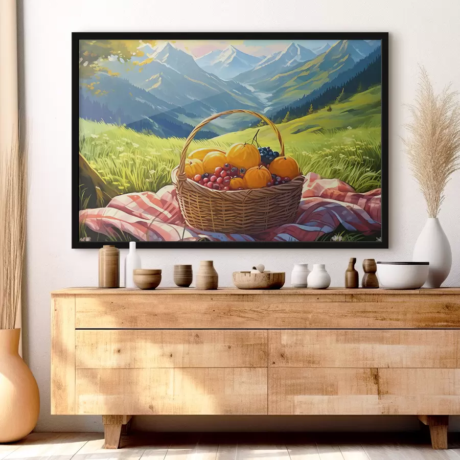 Fototapete ein Obstkorb auf einer Wiese in den Bergen f38654