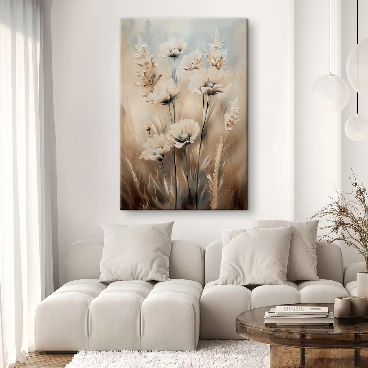 Wandbilder Blumen auf dem Feld in Beigetönen s38720