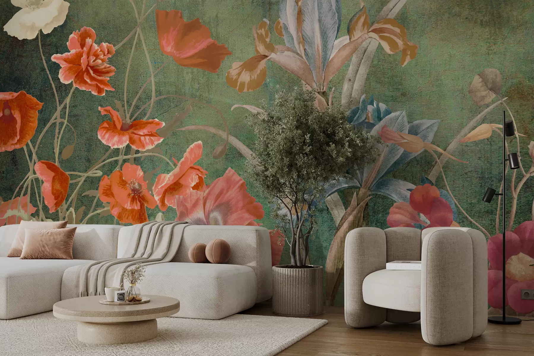 Fototapete Ein lebendiges Blumengemälde mit einer Vielzahl bunter Blumen vor einem sanften grünen Hintergrund w00698