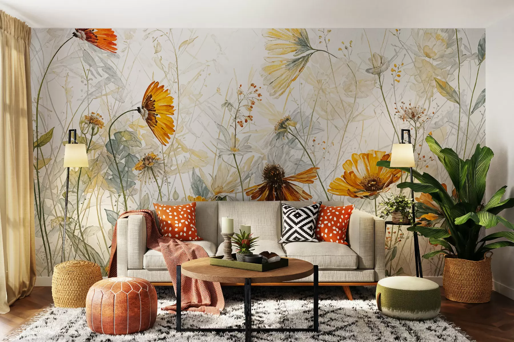 Fototapete Ein Feld voller leuchtender Blumen vor einem weichen, dunstigen Hintergrund mit zarten weißen Blüten und dünnem Gras w00708