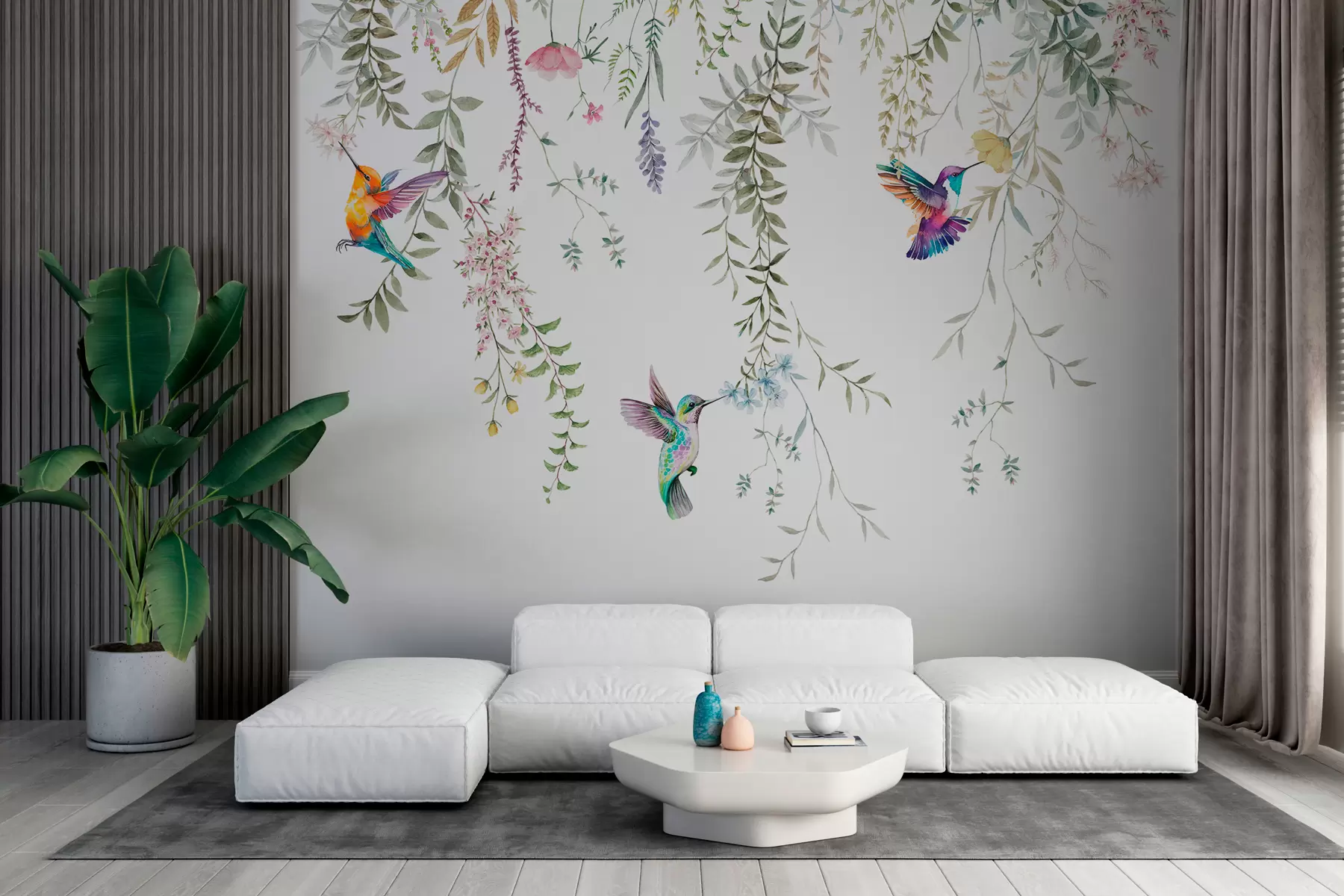 Fototapete Hängende Blumen und Blätter und wunderschöne Kolibris w00660
