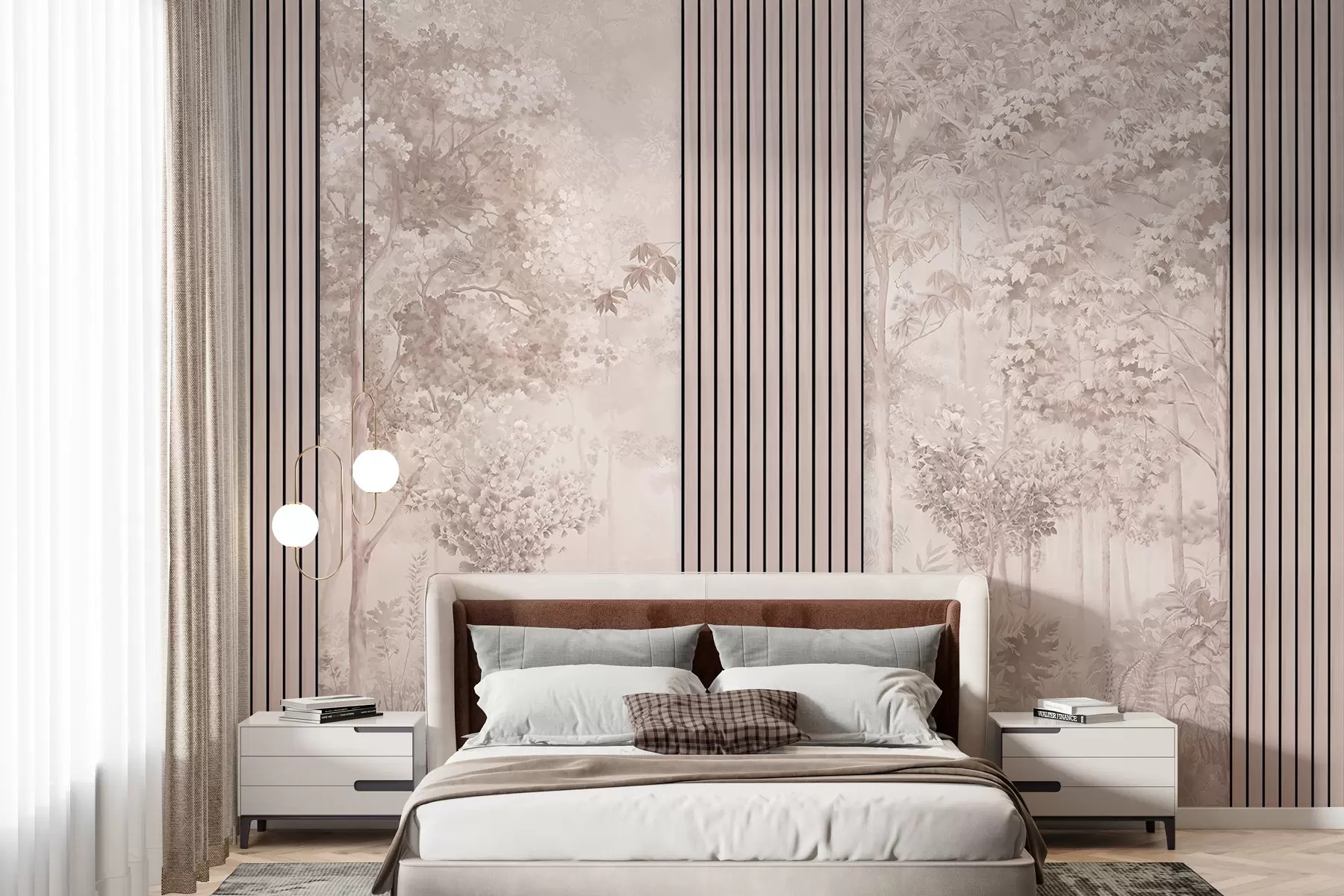 Fototapete Holzpaneele und zarter Wald in Rosatönen w00670v1