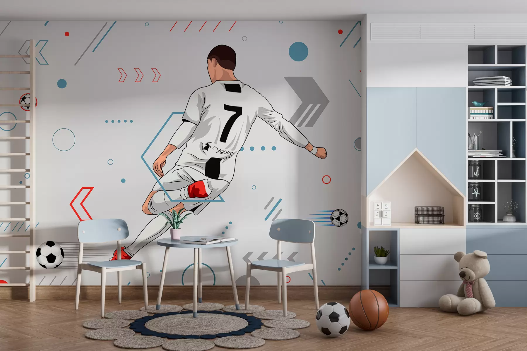 Fototapete Tapete mit Fußballspieler und Fußballattributen w00688
